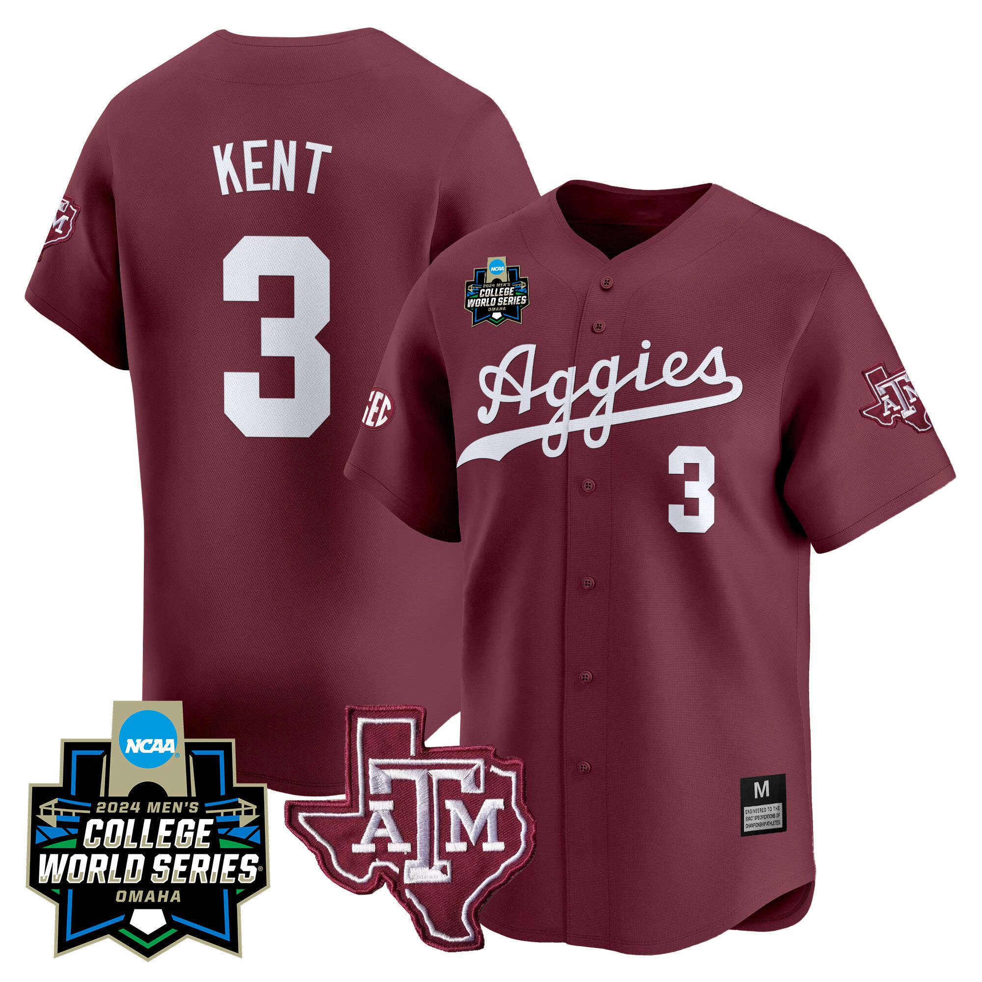 Men Texas A&M Aggies #3 Kent Red 2024 College World Series Vapor Premier Limited NCAA Jersey